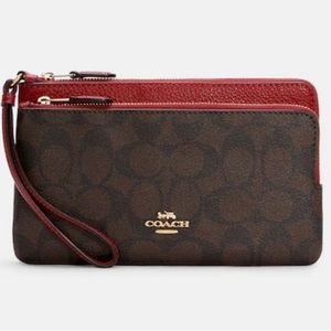 Coach Double Zip Wallet Gold/Black/Red Signature